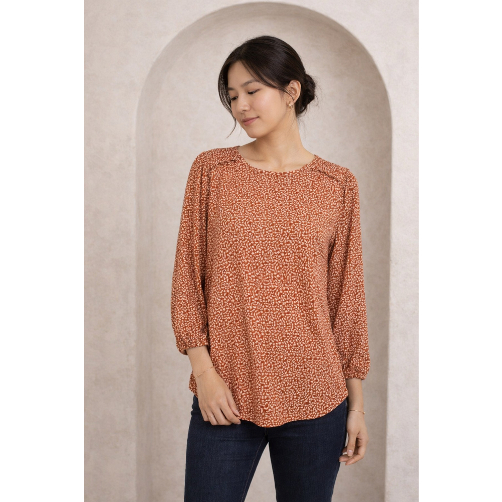 Adrianna Papell Medium Blouse Smocked Shoulder Keyhole Back Rust Print